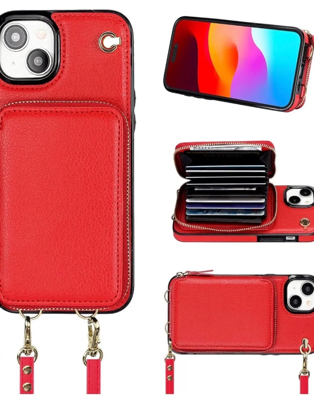 iPhone Red Zipper Wallet Phone Case with Removable Straps With FREE Clear Case